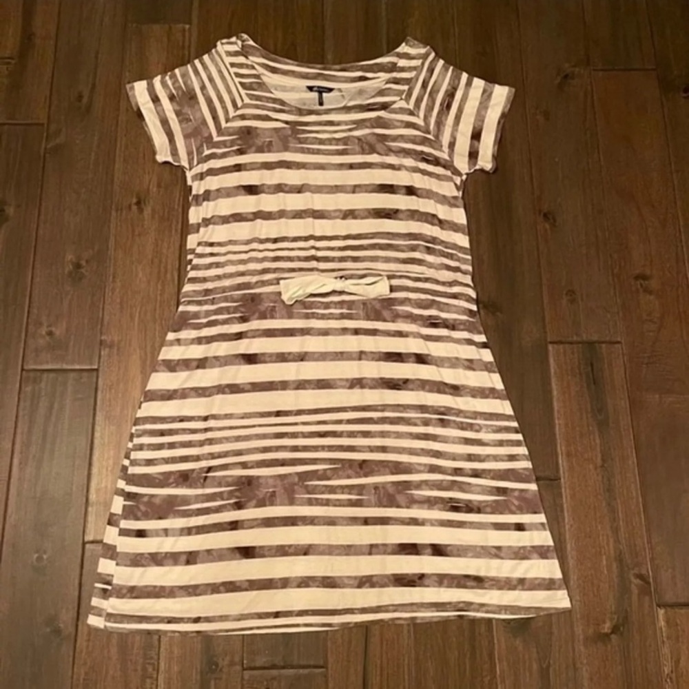 Daisy Fuentes Cream and Brown Striped Short Sleeve Mini Dress with Bow